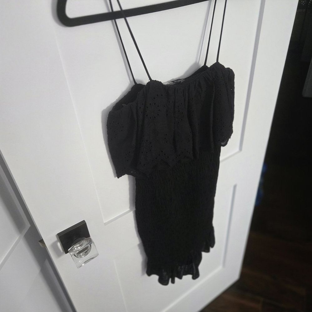 NWT Zara XS Black Spaghetti Strap Mini Dress Ruffled Top Stretch Rouch Bottom - Picture 7 of 11
